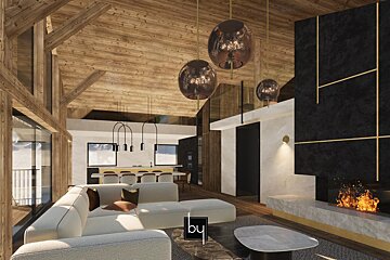 A living room with a couch and a fireplace by by