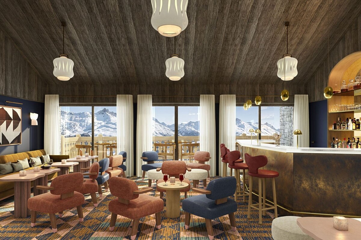 An artist 's impression of a restaurant with mountains in the background