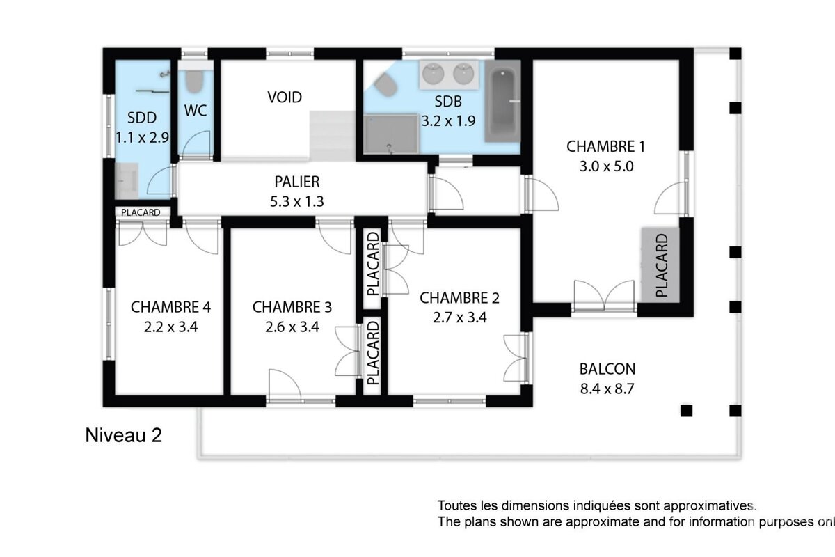 A floor plan for Level 2 (Niveau 2) showing 4 bedrooms, a bathroom (SDB), a shower room (SDD), a WC, a balcony, a landing (Palier), and a void.