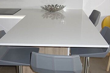 A white table with a bowl on top of it