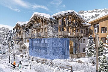 A snow-covered mountain resort with luxurious stone and wood chalets. Two people walk with snowboards past frosted trees and a blue-highlighted building section.