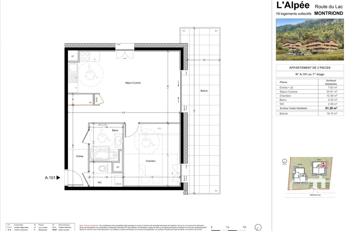 Architectural floor plan of a 2-room apartment in Montriond, France, detailing room layouts, a balcony, and building information.