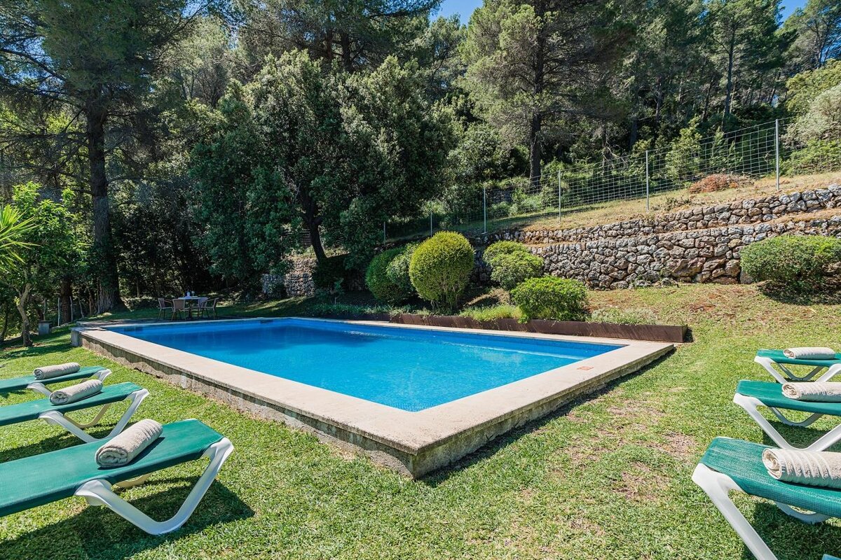 A large swimming pool surrounded by lawn chairs and trees