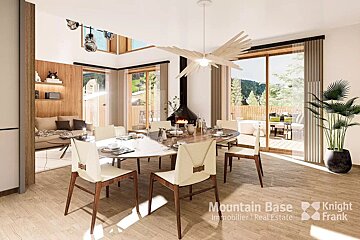 A modern, open-plan dining and living room features a large table, contemporary fireplace, and big windows looking out to nature. Bright, warm, and inviting.