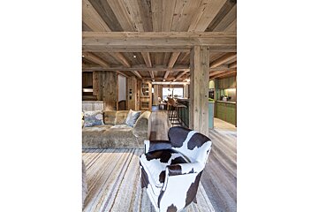 A living room with a cowhide chair and a couch