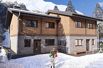 Modern two-story alpine chalet with a stone and wood facade, set in a snowy mountain landscape with people outside.