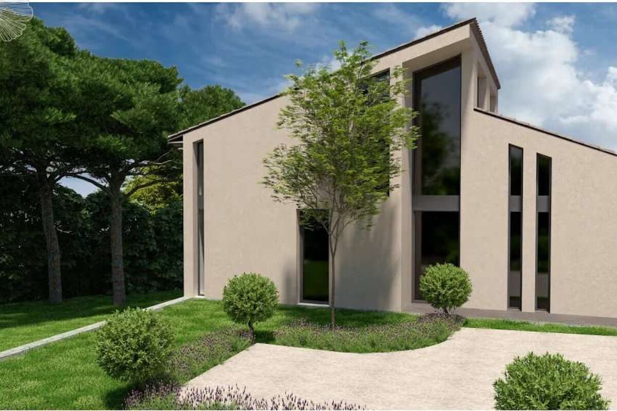An artist 's impression of a house with a tree in front of it