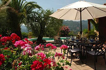 A patio with a table and chairs under an umbrella
