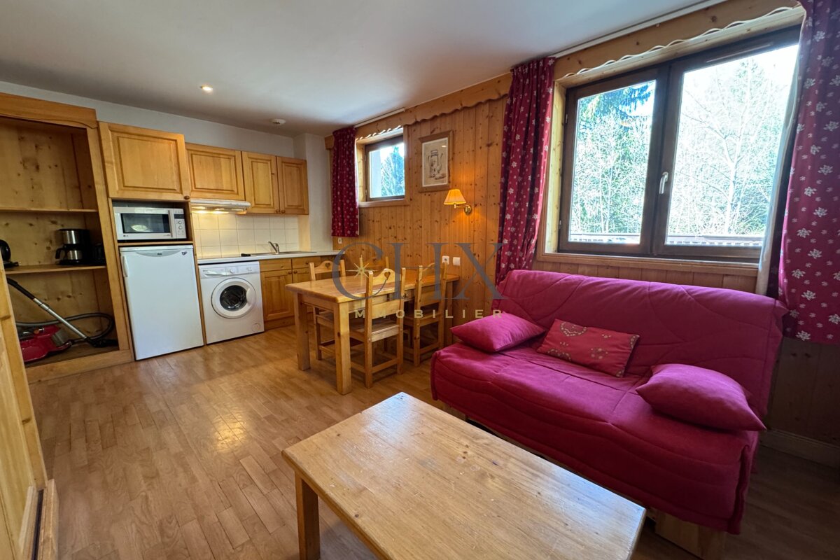 Cozy cabin apartment featuring wooden paneling, a kitchenette, dining area, coffee table, and a red futon sofa.