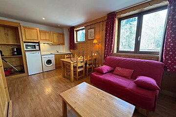 Cozy cabin apartment featuring wooden paneling, a kitchenette, dining area, coffee table, and a red futon sofa.