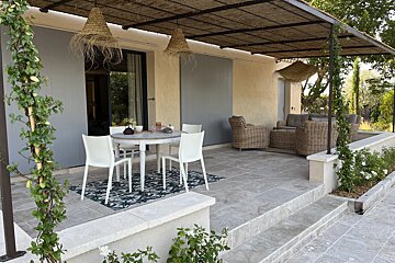 A patio with a table and chairs under a canopy