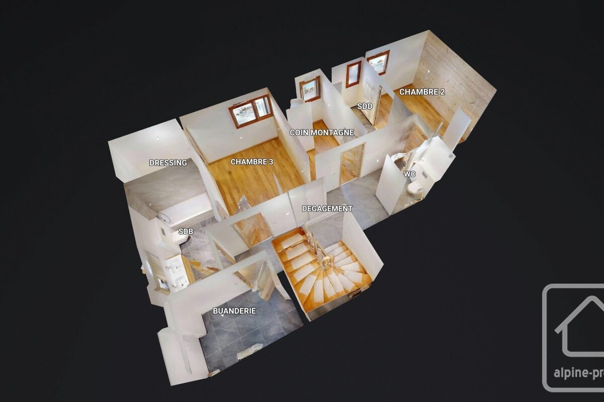 A 3D floor plan render of a multi-room house, showing bedrooms, bathrooms, laundry, and a staircase, with French labels on a dark background.
