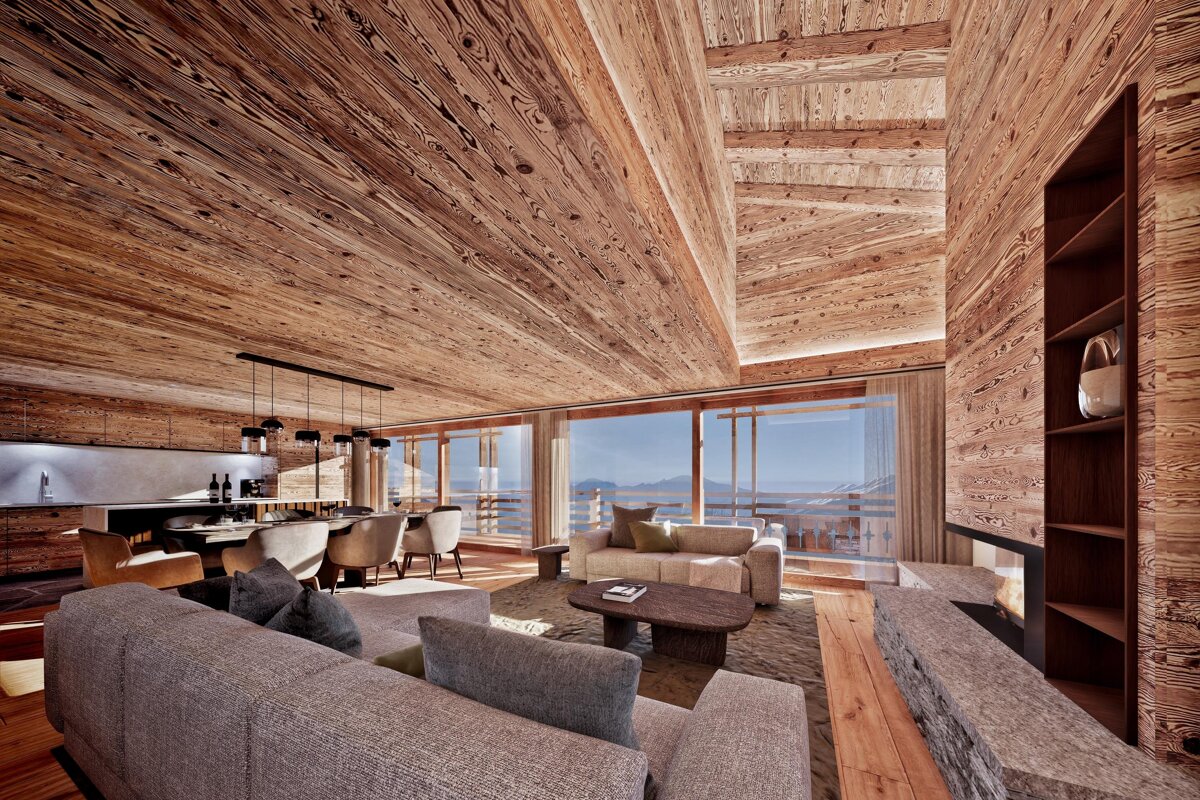 A luxurious, modern alpine chalet interior featuring warm wood paneling, elegant furnishings, and large windows with stunning mountain views.