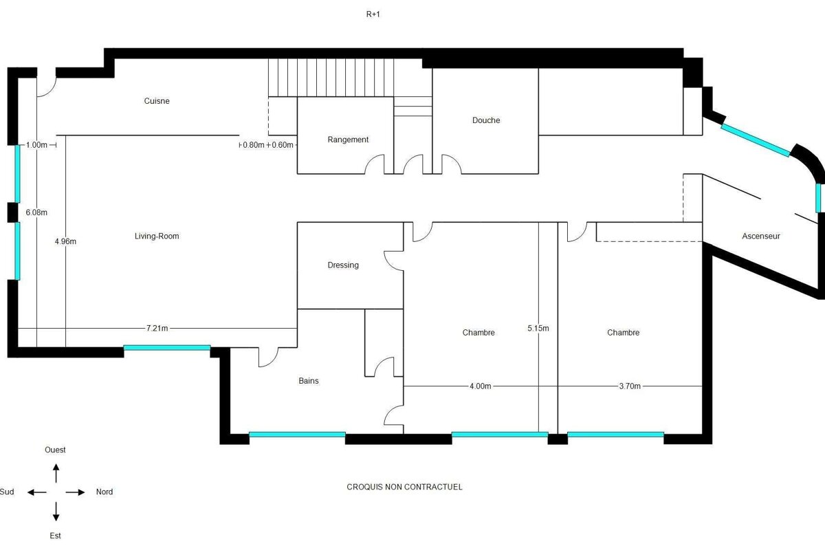A detailed floor plan (R+1) of a residence, showing living room, kitchen, 2 bedrooms, bath, shower, dressing, storage, stairs, and an elevator.