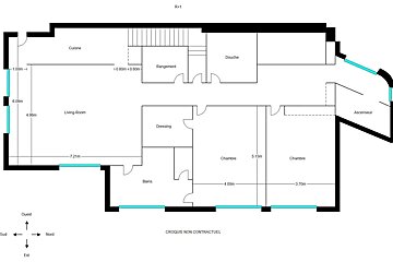 A detailed floor plan (R+1) of a residence, showing living room, kitchen, 2 bedrooms, bath, shower, dressing, storage, stairs, and an elevator.