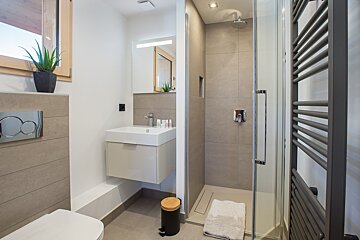 A bathroom with a toilet a sink and a walk in shower