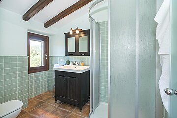 A bathroom with a sink and a shower stall