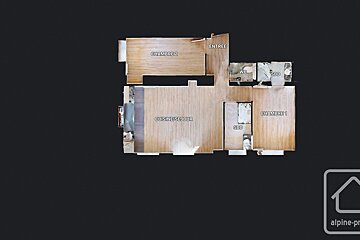 A 3D floor plan rendering of a home, showing two bedrooms, a kitchen/living room, entrance, WC, and shower rooms, with French labels.