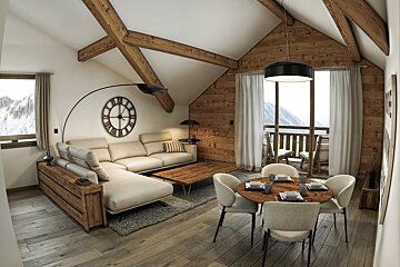 Modern chalet living room featuring exposed wooden beams, a cream sectional sofa, a dining area, and scenic mountain views.
