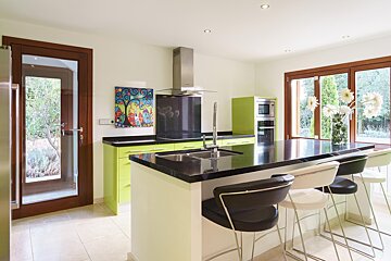A kitchen with green cabinets and black counter tops