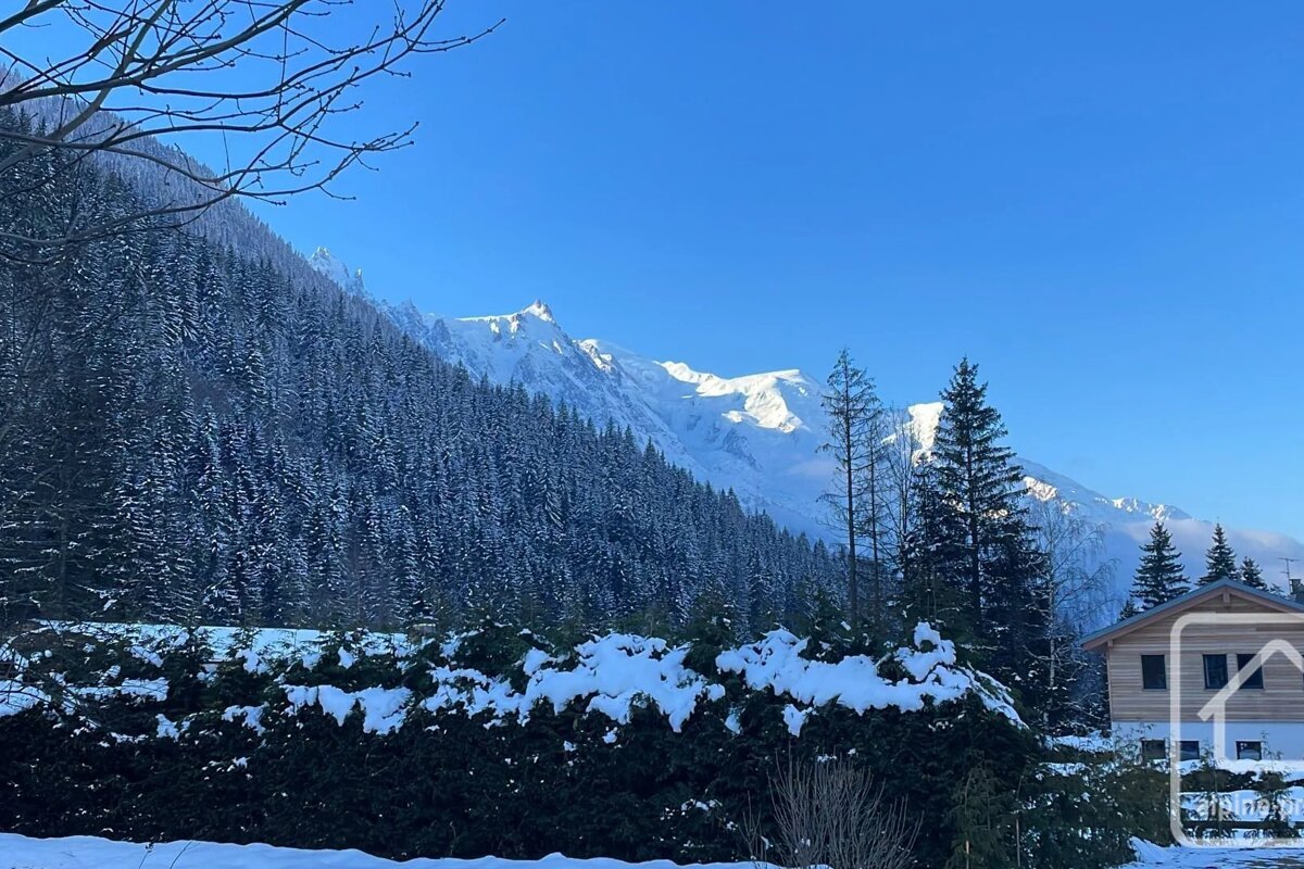 Snow-covered alpine mountains rise behind a dense pine forest, with a wooden chalet nestled under a clear blue winter sky.