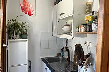 A small kitchen with white cabinets, a stainless steel sink, a plant, and red abstract art. White tiled backsplash and spices on a shelf.