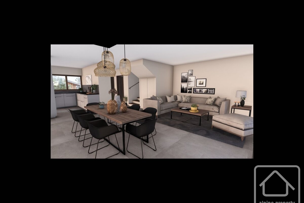 A modern open-plan living room, dining area, and kitchen with an L-shaped sofa, wooden dining table, and contemporary decor.
