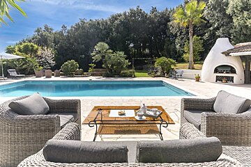 Sunny patio with wicker seating overlooking a blue swimming pool, lush green garden, and an outdoor oven on a bright day.