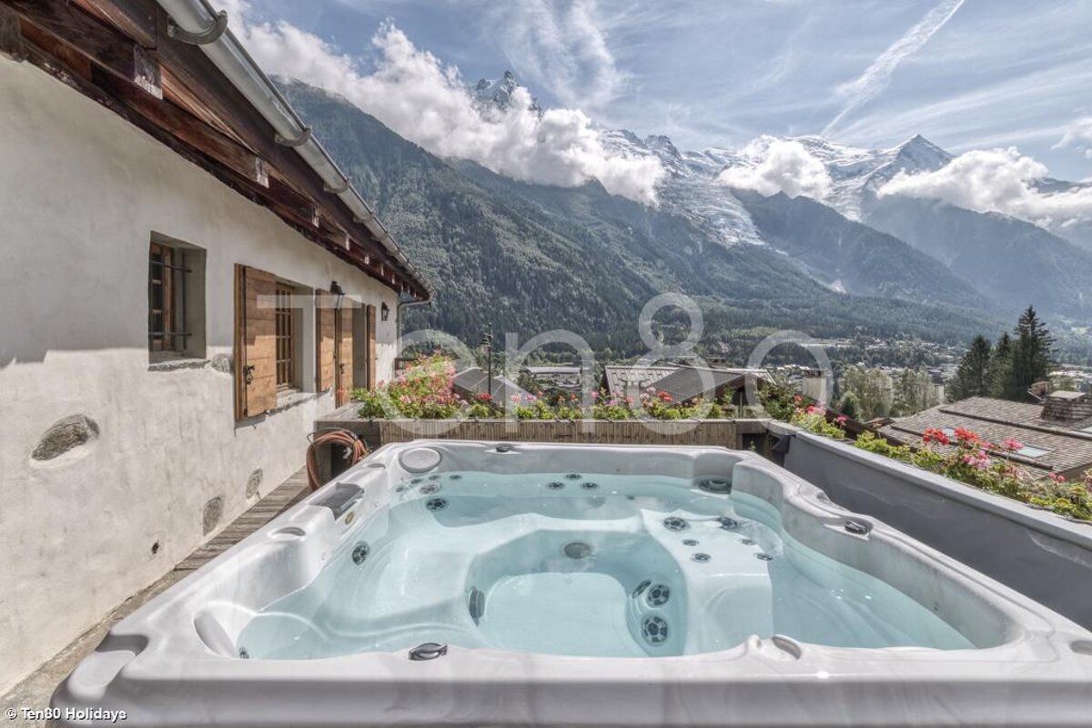 A hot tub with mountains in the background and the word holidays at the bottom