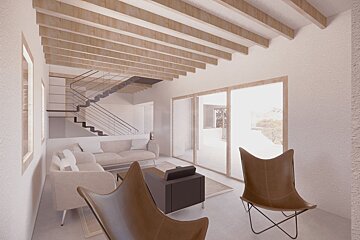 Modern minimalist living room with exposed wooden ceiling beams, a striking metal staircase, neutral furniture, and large windows.