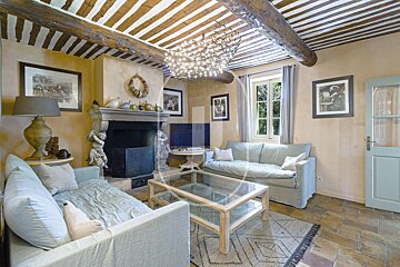 A living room with a fireplace and two couches