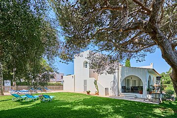 A white house sits in the middle of a lush green yard