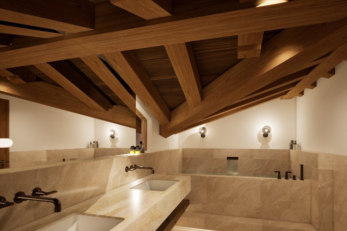A bathroom with two sinks and a bathtub under a wooden ceiling