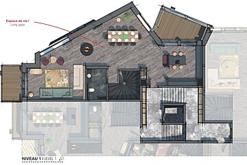 Architectural floor plan of Level 1 showing a living space with a dining table, seating areas, terrace, and staircase.