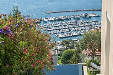 A picturesque high-angle view of a marina filled with yachts, framed by vibrant blooming flowers and a sunny poolside terrace.