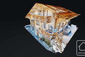 A 3d model of a house with the alpine-pro logo in the corner