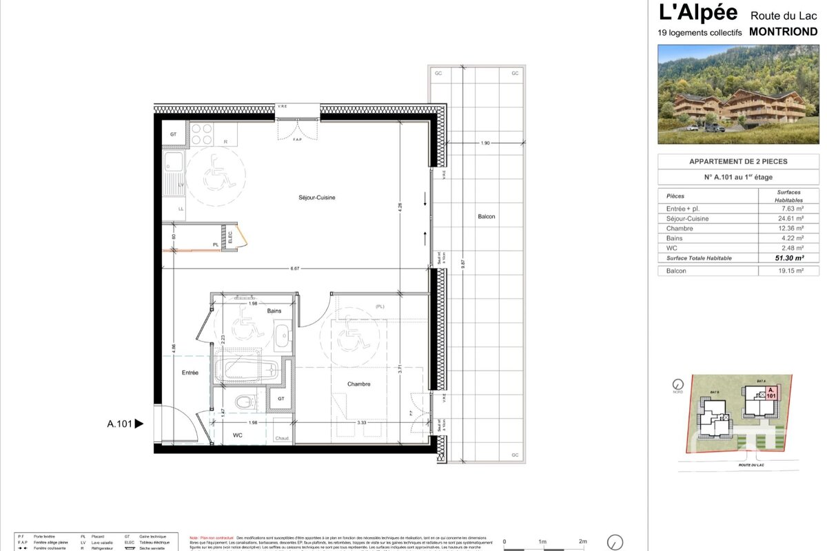 Floor plan of a 2-room apartment (A.101) in L'Alpée, Montriond, featuring a living/kitchen, bedroom, bath, WC, entrance, and large balcony.