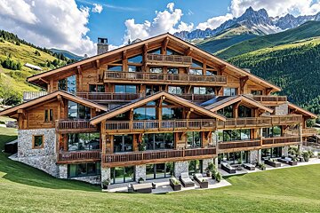 Luxurious wooden alpine lodge with multiple balconies set against lush green hills and majestic mountain peaks.