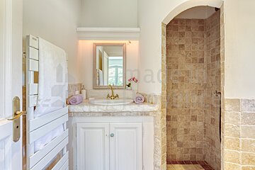 A bathroom with a sink a mirror and a towel rack