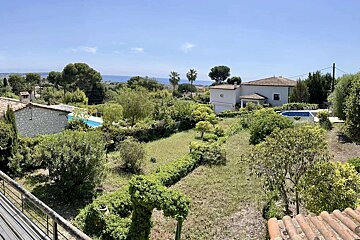 A view of a house with a pool in the backyard