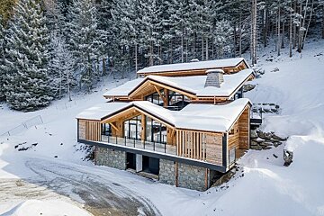 A modern wooden alpine chalet covered in snow on a winter hillside, surrounded by pine forests.