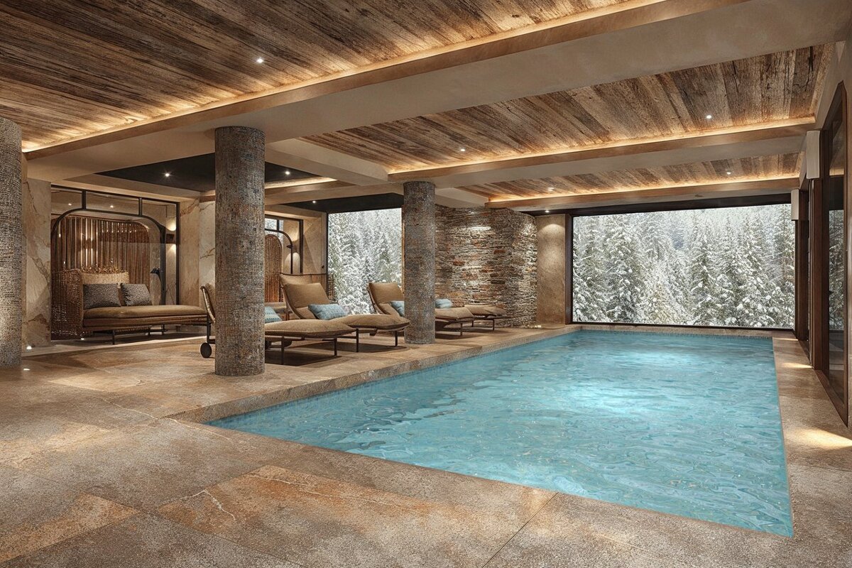 Chalet-style indoor pool with rustic wood and stone, comfortable loungers, and a panoramic window overlooking a beautiful snowy forest.