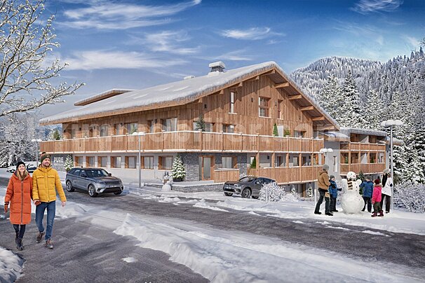 An artist 's impression of a snowy building with a snowman in front of it