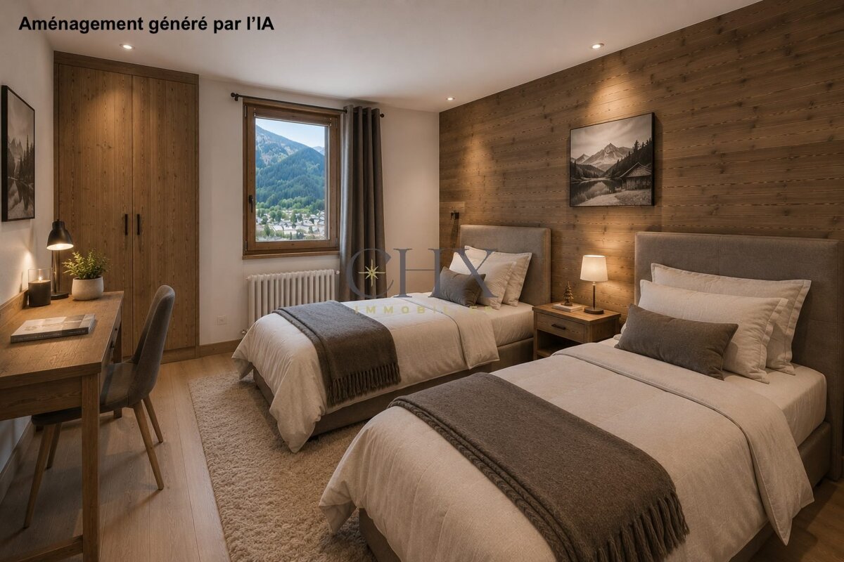 Cozy alpine bedroom with two twin beds, rustic wood-paneled walls, a desk, and a window overlooking mountains.
