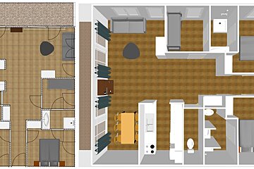 Side-by-side architectural floor plans: a traditional 2D blueprint and a 3D rendering of a multi-room apartment layout with furniture.
