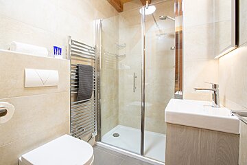 A bathroom with a toilet a sink and a walk in shower