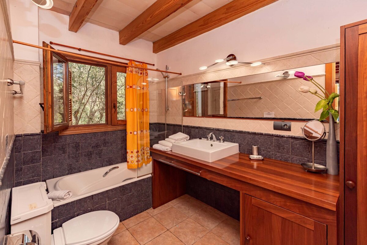 A bathroom with a sink toilet and a window