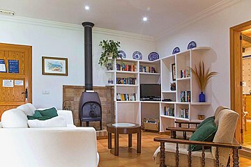 A living room with bookshelves and a fireplace