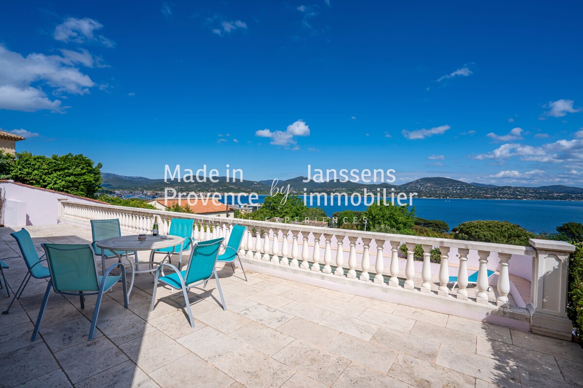 A balcony with a table and chairs and the words made in provence by janssens immobilier