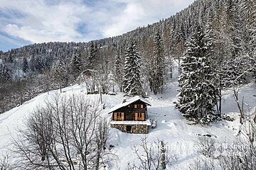 A cozy wooden cabin sits on a snow-covered hillside, surrounded by a dense winter forest under a cloudy sky.